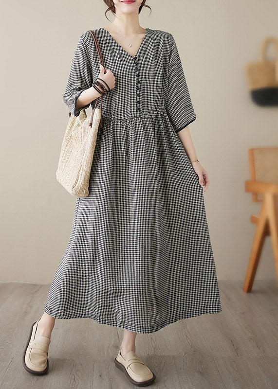Chic purple V Neck Plaid Patchwork Button Linen Maxi Dresses Summer - Image 4