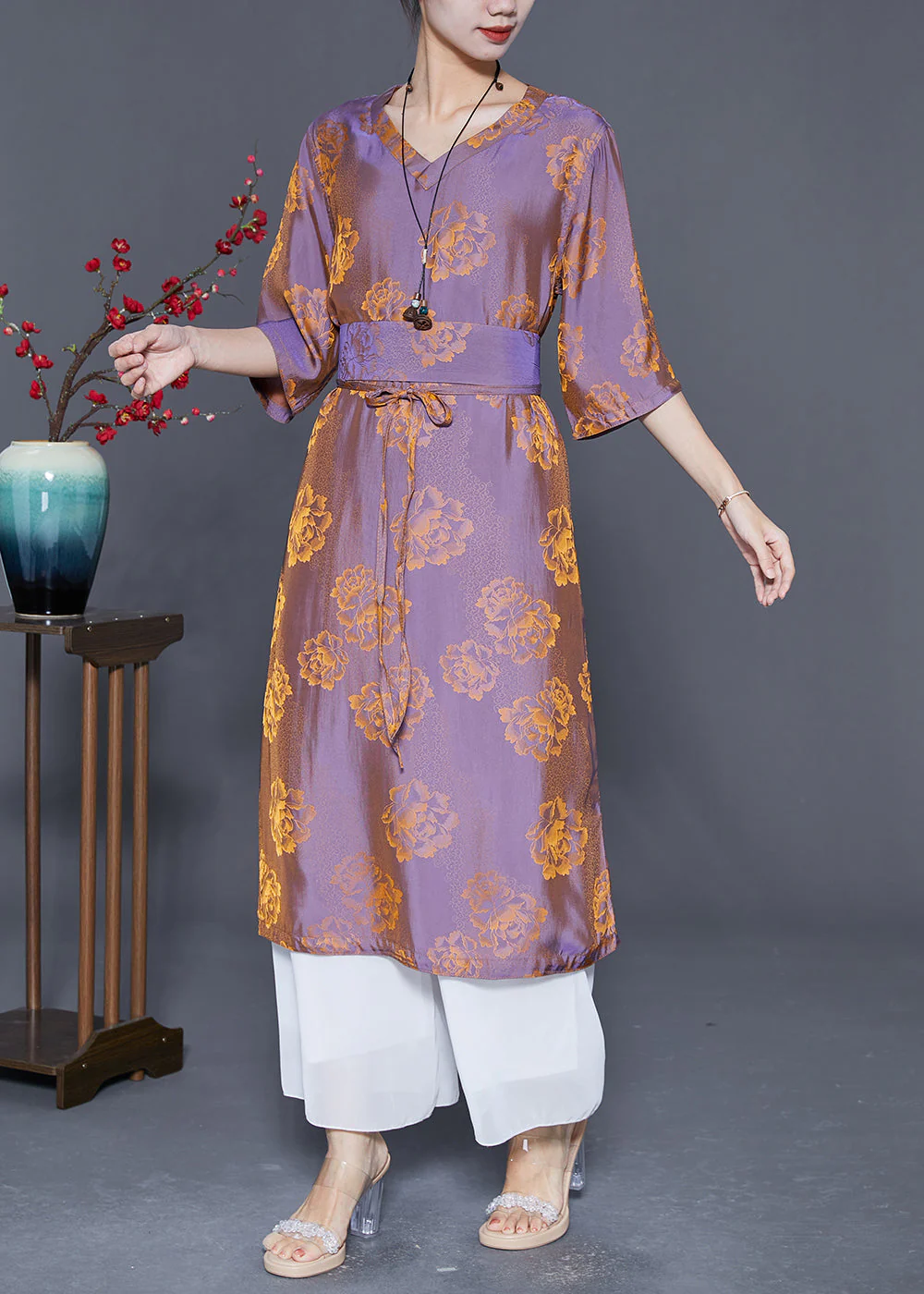 Chic Purple V Neck Print Wear On Both Sides Silk Dresses Summer - Image 2