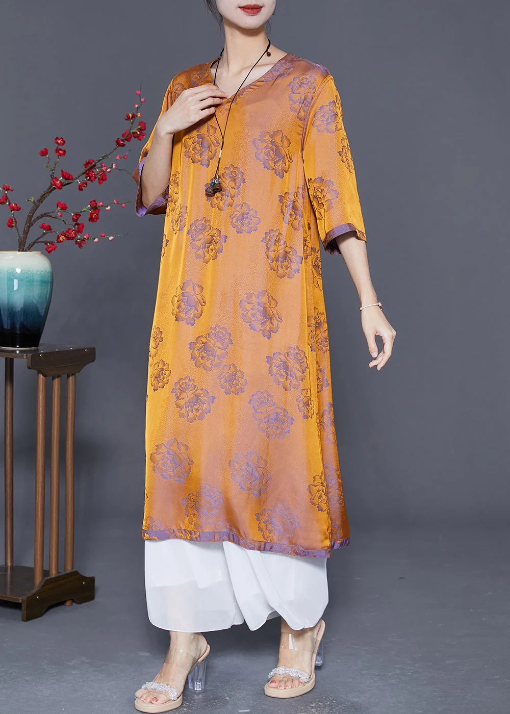 Chic Purple V Neck Print Wear On Both Sides Silk Dresses Summer - Image 3