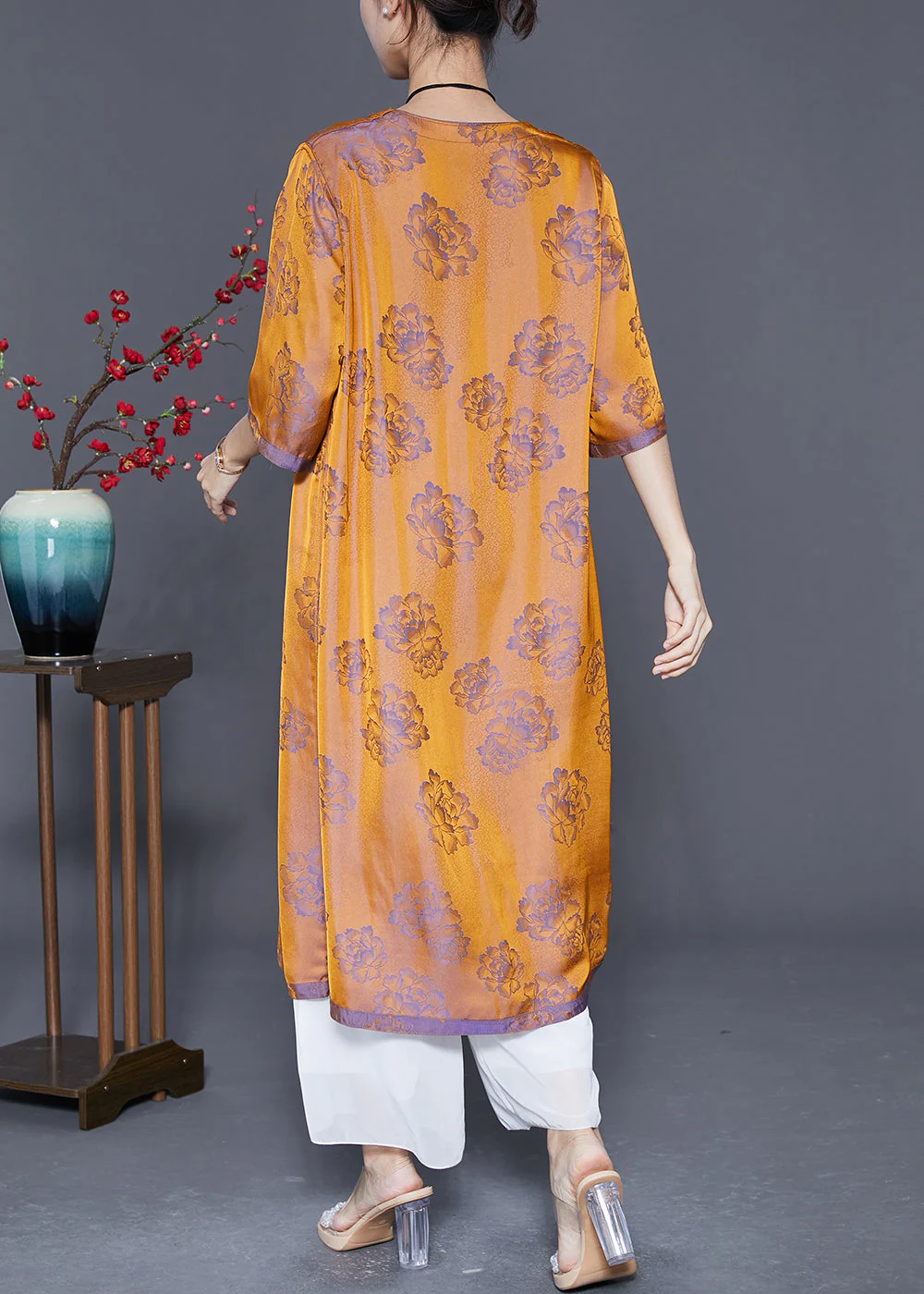 Chic Purple V Neck Print Wear On Both Sides Silk Dresses Summer - Image 4
