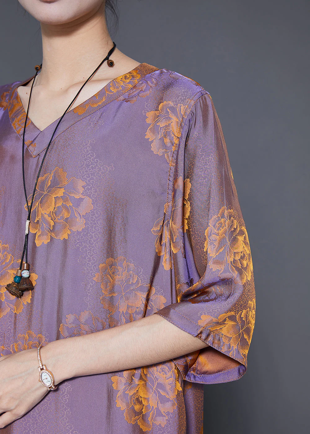 Chic Purple V Neck Print Wear On Both Sides Silk Dresses Summer - Image 5