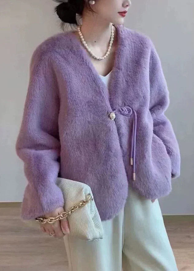 Chic Purple V Neck Tassel Faux Fur Short Jacket Winter - Image 4