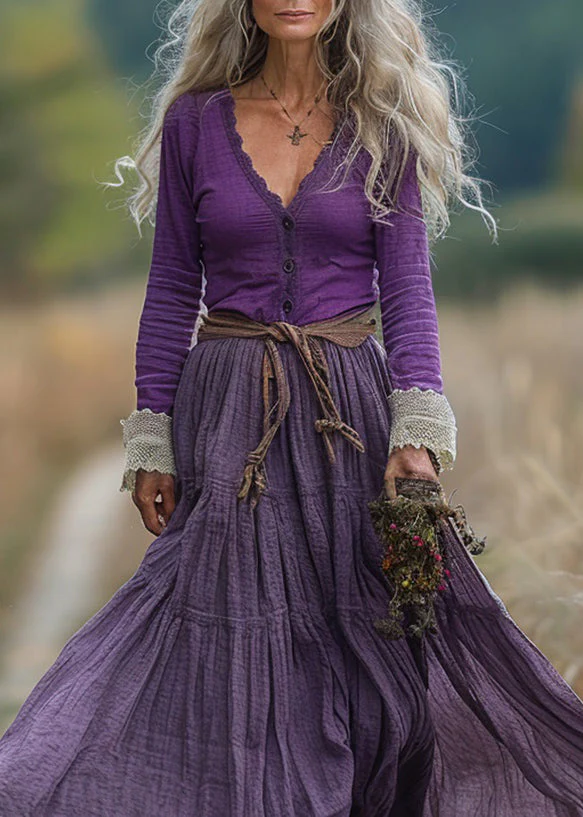 Chic Purple V Neck Wrinkled Patchwork Cotton Robe Dresses Spring - Image 2