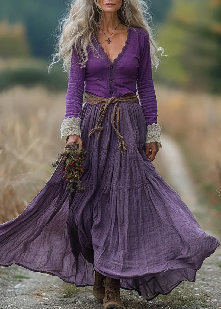 Chic Purple V Neck Wrinkled Patchwork Cotton Robe Dresses Spring - Image 3