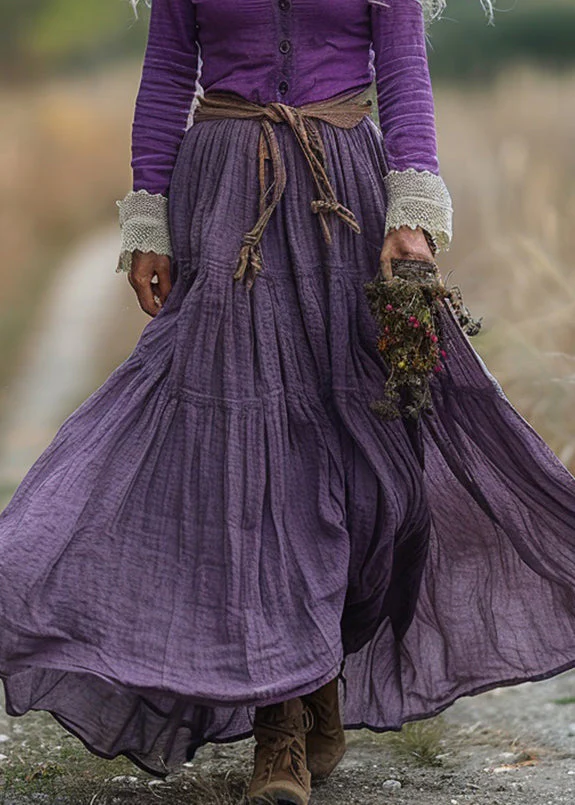 Chic Purple V Neck Wrinkled Patchwork Cotton Robe Dresses Spring - Image 4