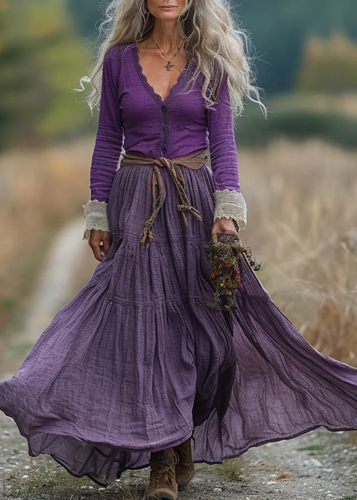 Chic Purple V Neck Wrinkled Patchwork Cotton Robe Dresses Spring - Image 5