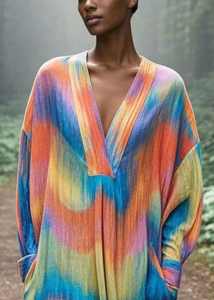 Chic Rainbow Oversized Tie Dye Cotton Robe Dresses Spring - Image 2