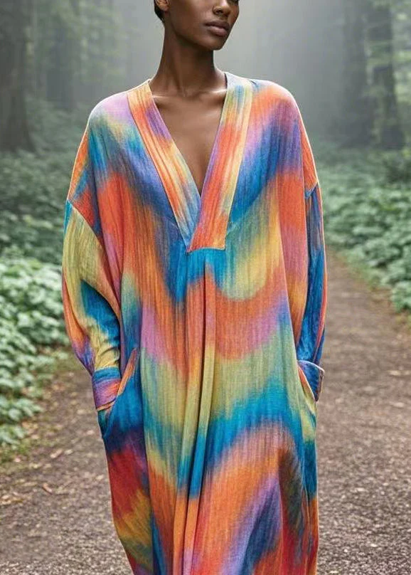Chic Rainbow Oversized Tie Dye Cotton Robe Dresses Spring - Image 3