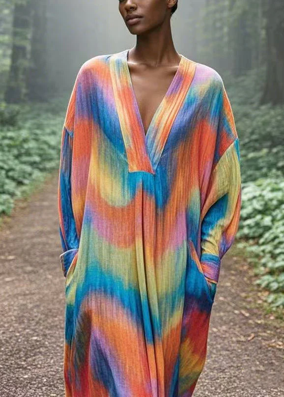 Chic Rainbow Oversized Tie Dye Cotton Robe Dresses Spring - Image 5