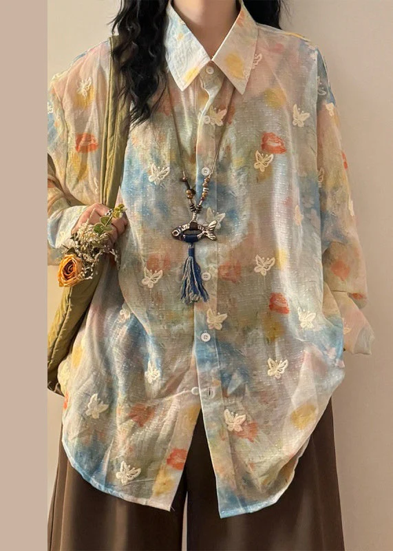 Chic Rainbow Peter Pan Collar Butterfly Button Cotton Shirts Spring - Image 2