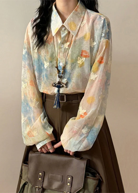 Chic Rainbow Peter Pan Collar Butterfly Button Cotton Shirts Spring - Image 3