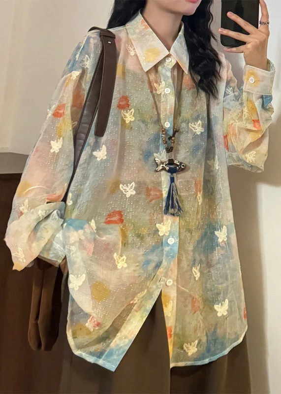 Chic Rainbow Peter Pan Collar Butterfly Button Cotton Shirts Spring - Image 4