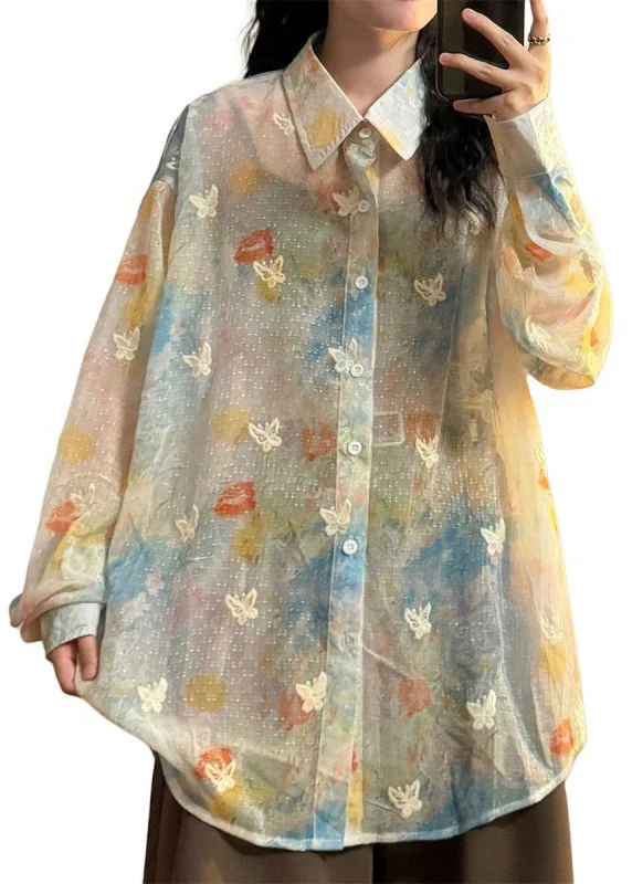 Chic Rainbow Peter Pan Collar Butterfly Button Cotton Shirts Spring - Image 5