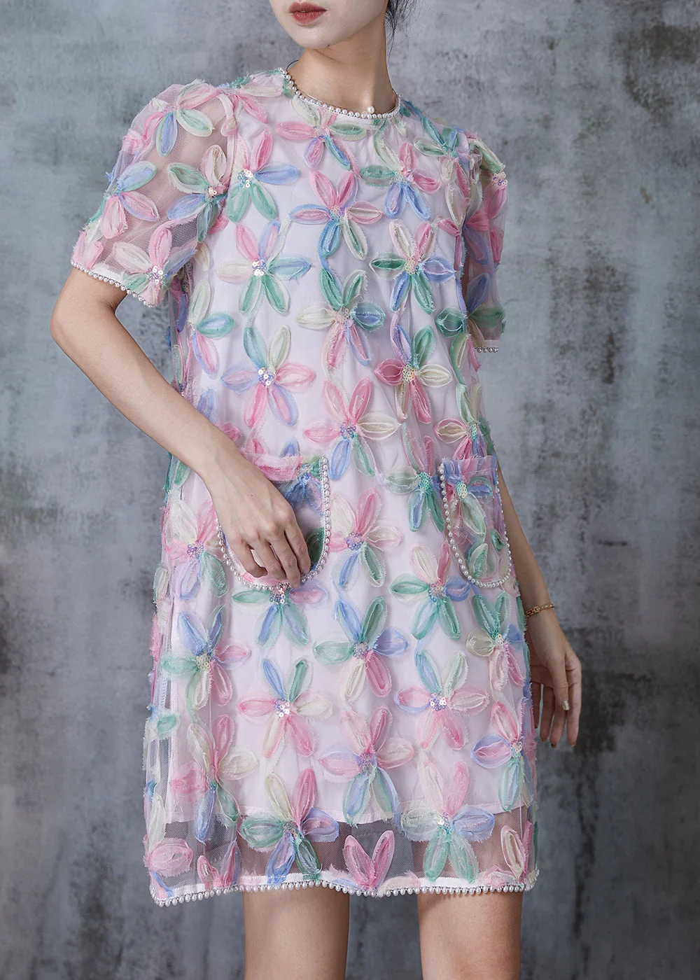 Chic Rainbow Puff Sleeve Floral Tulle Tea Dress Summer - Image 2