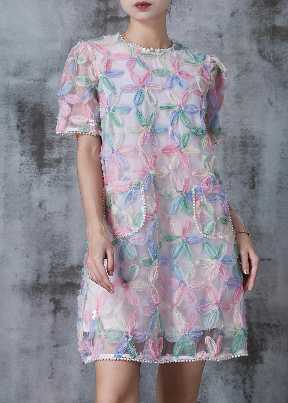 Chic Rainbow Puff Sleeve Floral Tulle Tea Dress Summer - Image 3