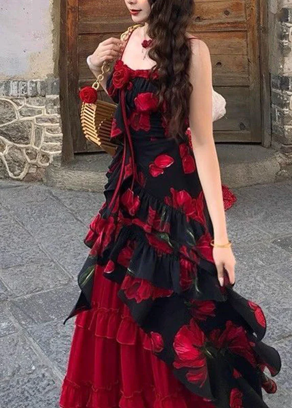 Chic Red Asymmetrical Floral Top And A Line Skirts Two-Piece Set Summer - Image 3