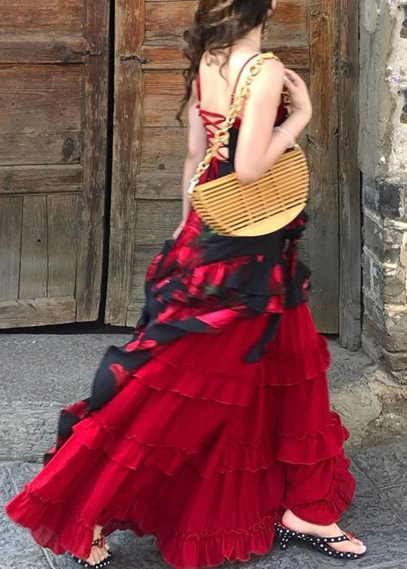 Chic Red Asymmetrical Floral Top And A Line Skirts Two-Piece Set Summer - Image 4