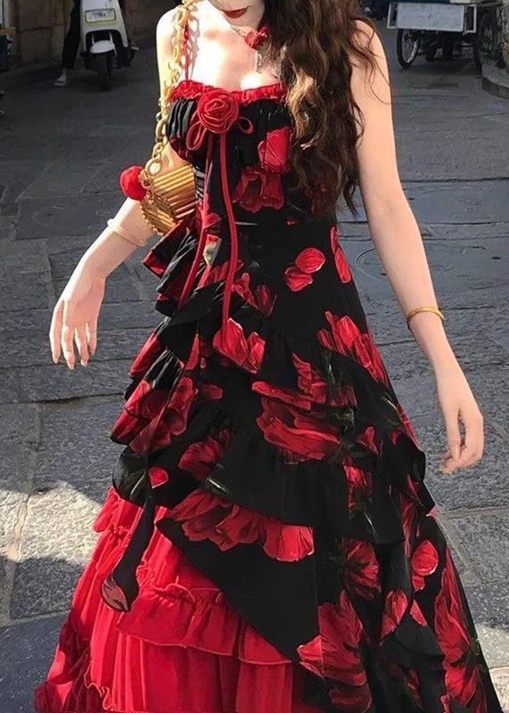 Chic Red Asymmetrical Floral Top And A Line Skirts Two-Piece Set Summer - Image 5