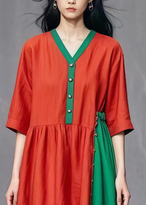 Chic Red Asymmetrical Patchwork Cotton Dresses Summer - Image 3