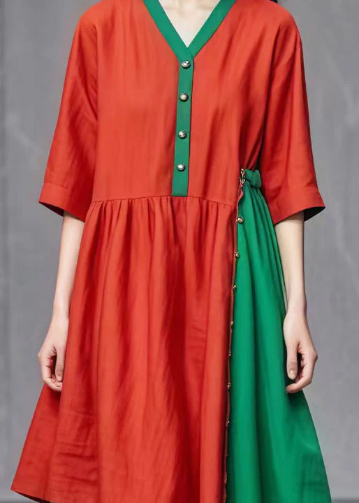 Chic Red Asymmetrical Patchwork Cotton Dresses Summer - Image 4