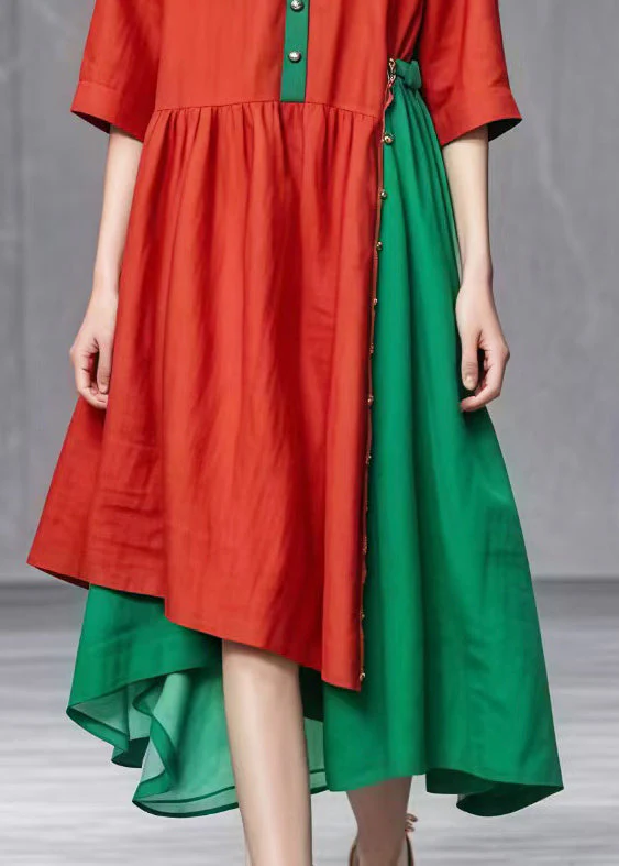 Chic Red Asymmetrical Patchwork Cotton Dresses Summer - Image 5