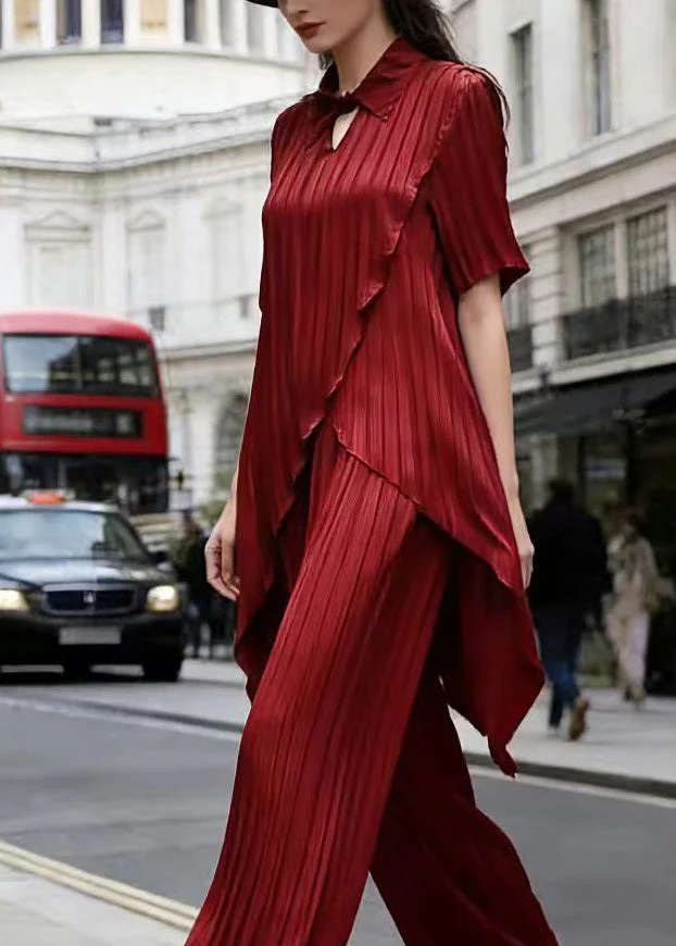 Chic Red Asymmetrical Top And Pants Silk Two Pieces Set Summer - Image 2