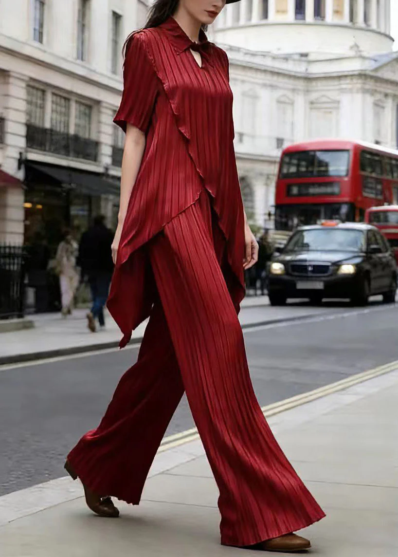 Chic Red Asymmetrical Top And Pants Silk Two Pieces Set Summer - Image 3