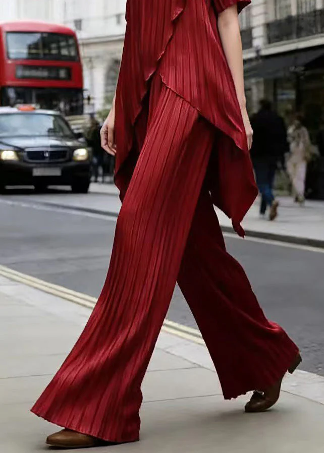 Chic Red Asymmetrical Top And Pants Silk Two Pieces Set Summer - Image 4