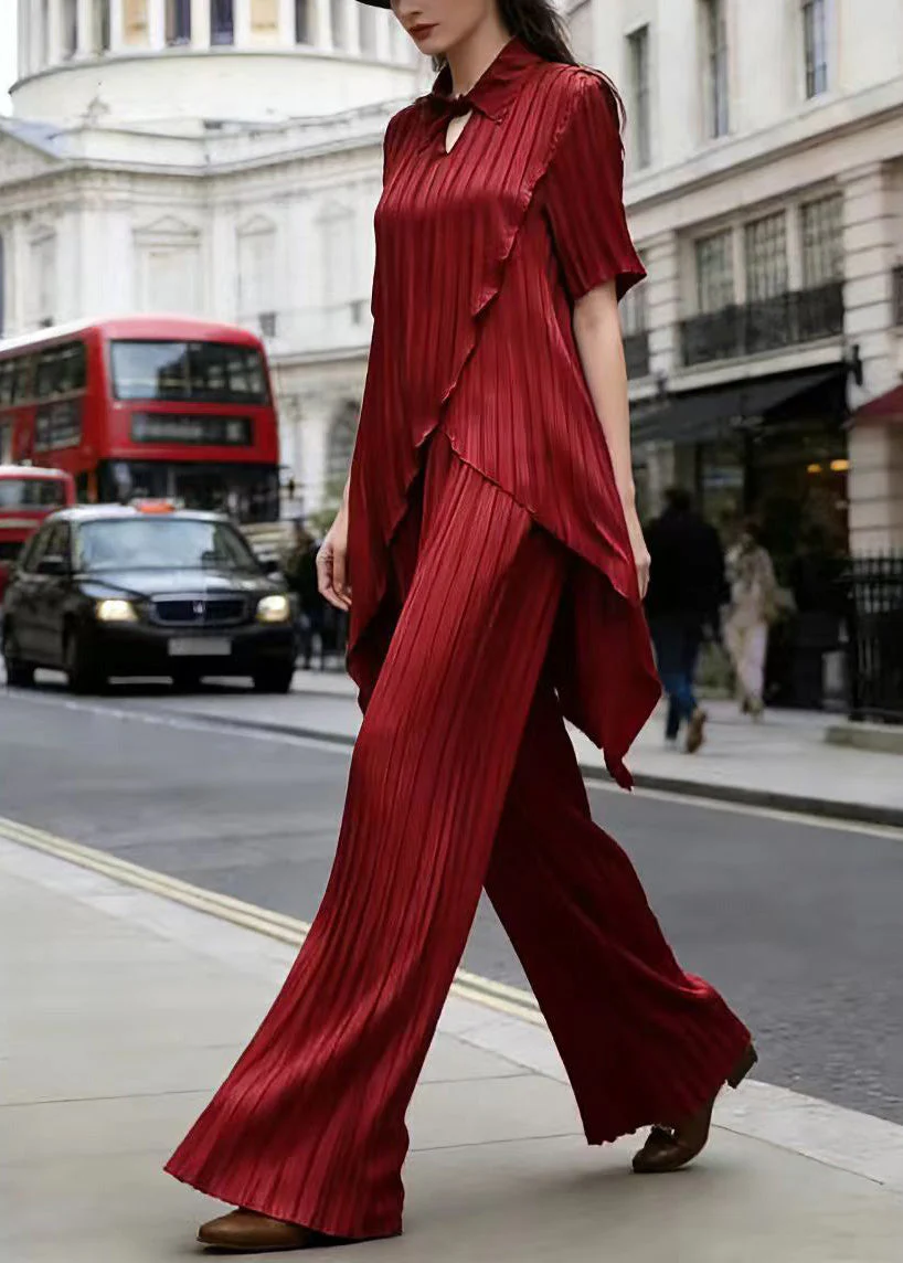 Chic Red Asymmetrical Top And Pants Silk Two Pieces Set Summer - Image 5
