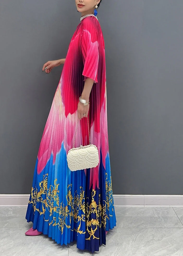 Chic Red Blue Patchwork Print Sashes Maxi Dresses Half Sleeve - Image 3