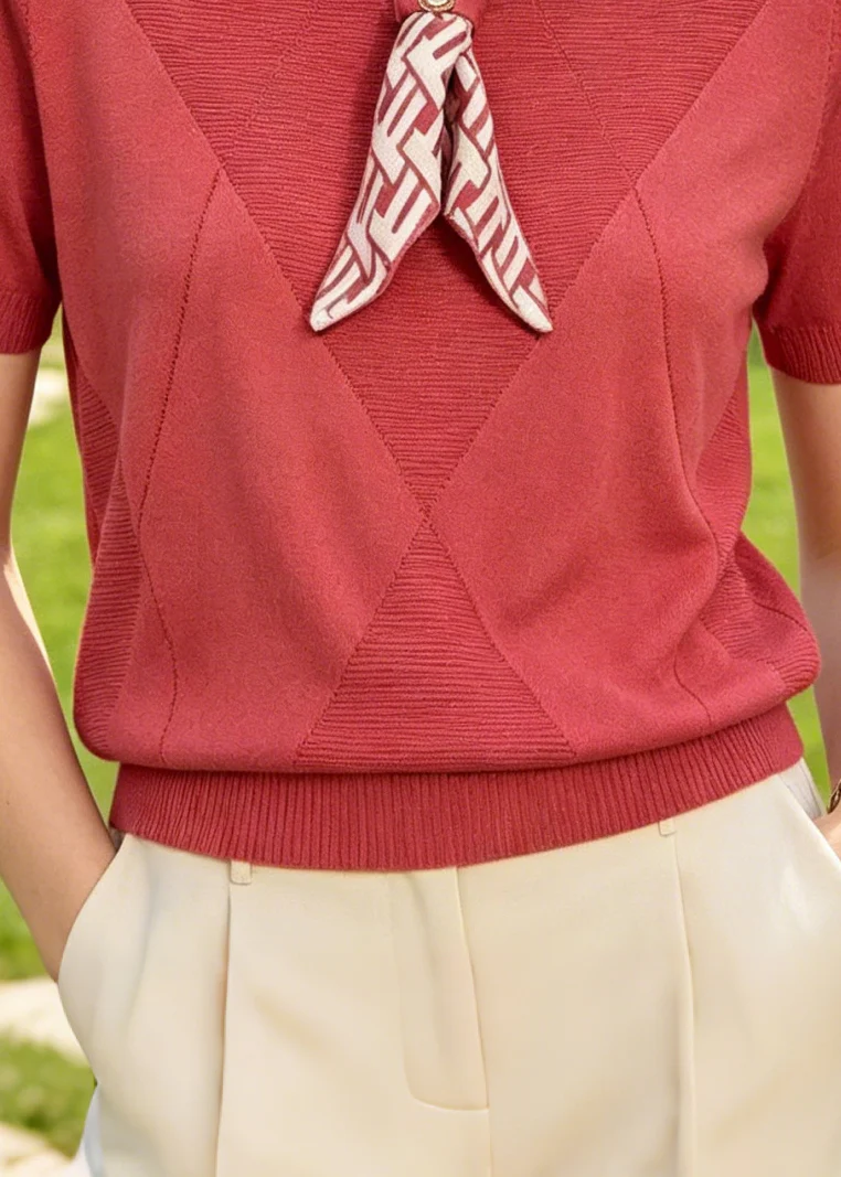 Chic Red Bow Knit Shirt Tops Summer - Image 4