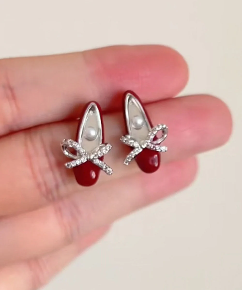 Chic Red Copper Alloy Bow Pearl Ballet Shoes Stud Earrings - Image 3