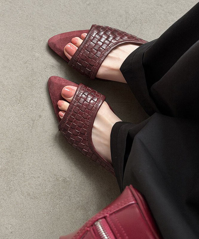 Chic Red Cowhide Leather Splicing Sandals Peep Toe - Image 4