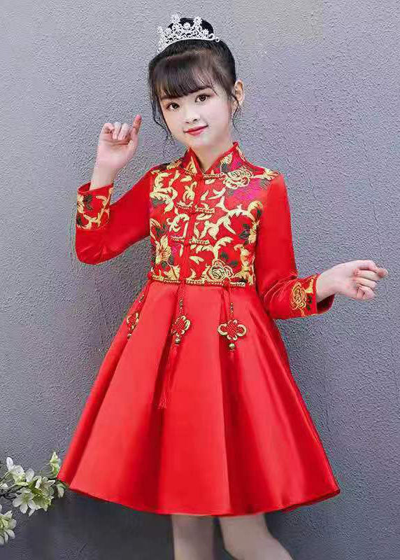 Chic Red Embroideried Tassel Button Kids Girls Mid Dresses Fall - Image 3