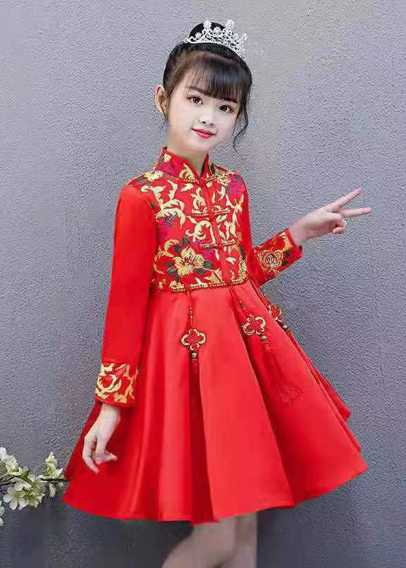Chic Red Embroideried Tassel Button Kids Girls Mid Dresses Fall - Image 4