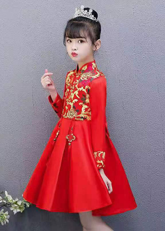 Chic Red Embroideried Tassel Button Kids Girls Mid Dresses Fall - Image 5