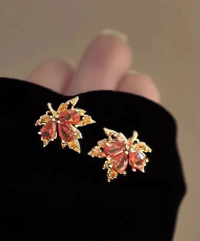 Chic Red Leaf Crystal Gilded Stud Earrings - Image 2
