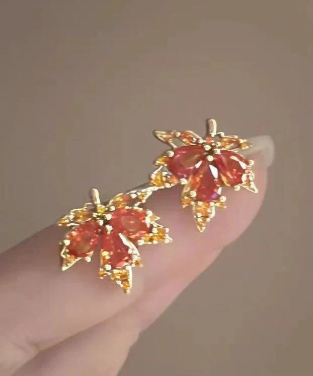 Chic Red Leaf Crystal Gilded Stud Earrings - Image 3