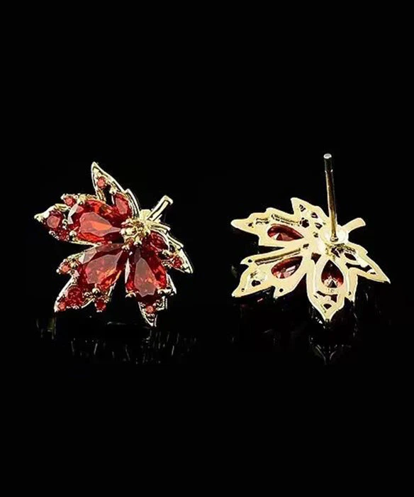 Chic Red Leaf Crystal Gilded Stud Earrings - Image 5