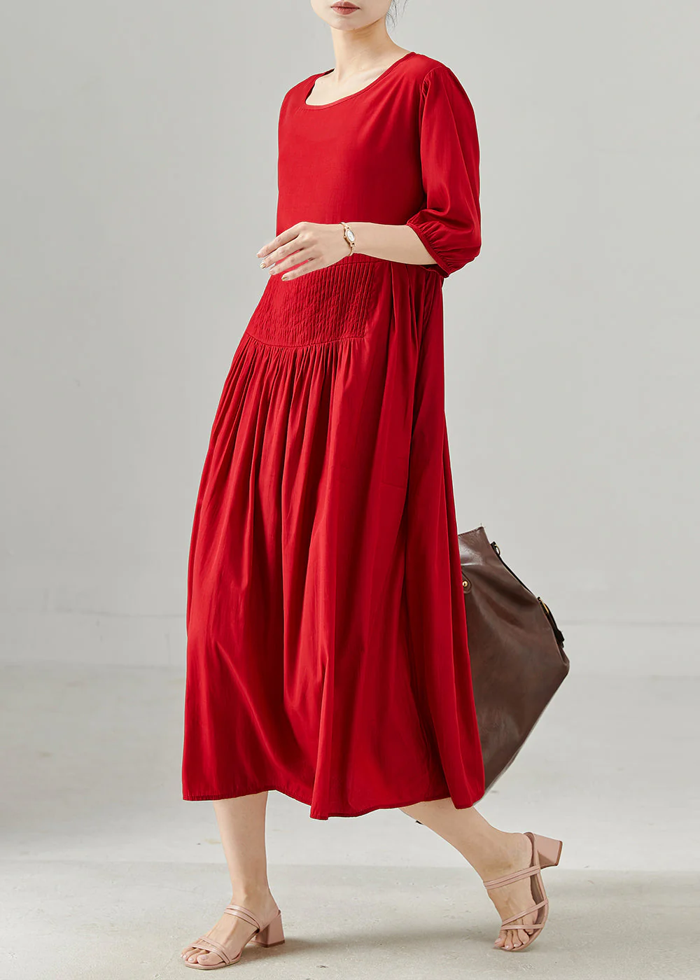 Chic Red Oversized Wrinkled Cotton Dresses Half Sleeve - Image 2