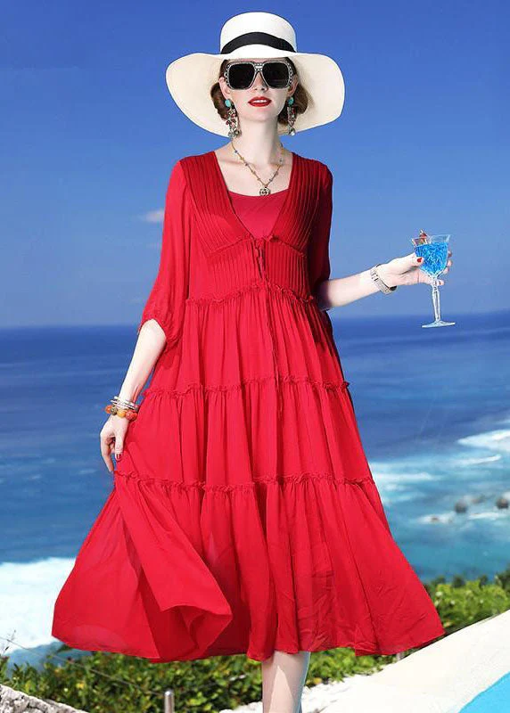 Chic Red Patchwork Silk Two Pieces Set Beach Holiday Dress Summer - Image 2