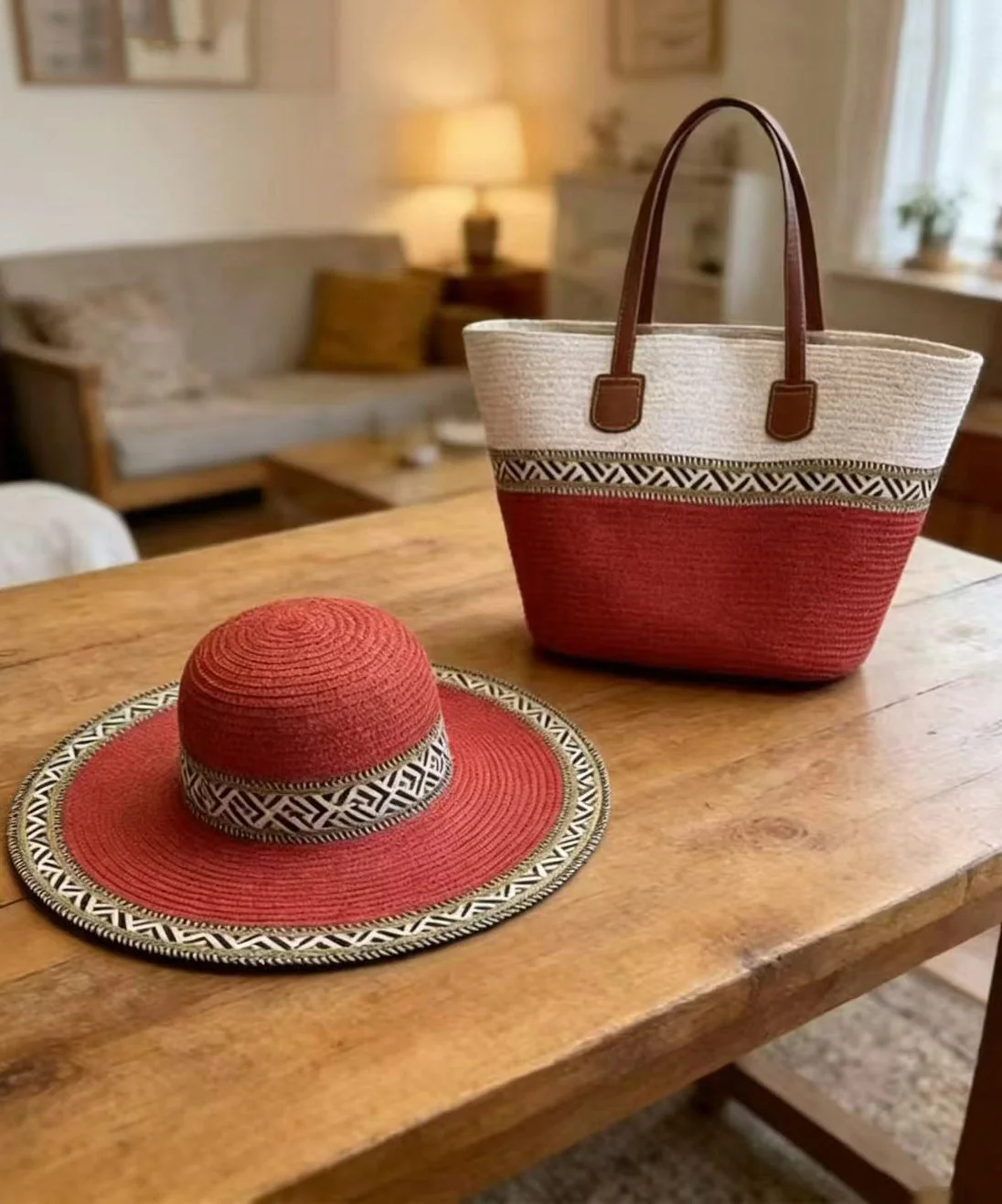 Chic Red Patchwork Solid Durable Straw Woven Floppy Sun Hat And Shoulder Handbag Two Pieces Set - Image 5