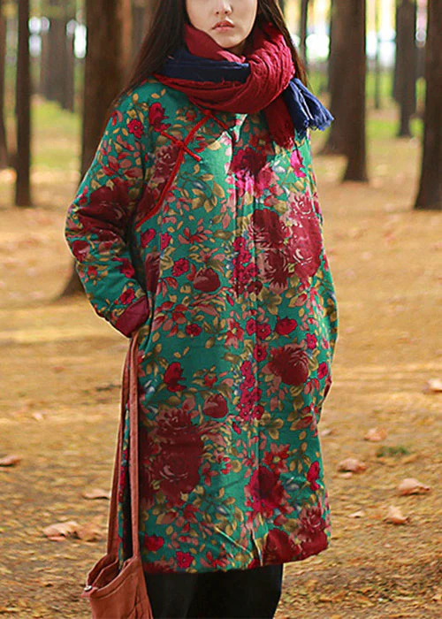 Chic Red Print Button Pockets Cotton Filled Mid Dress Winter - Image 2