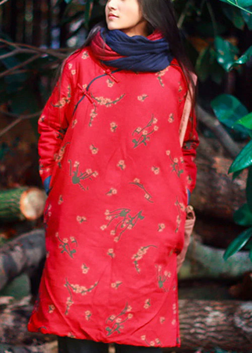 Chic Red Print Button Pockets Cotton Filled Mid Dress Winter - Image 3