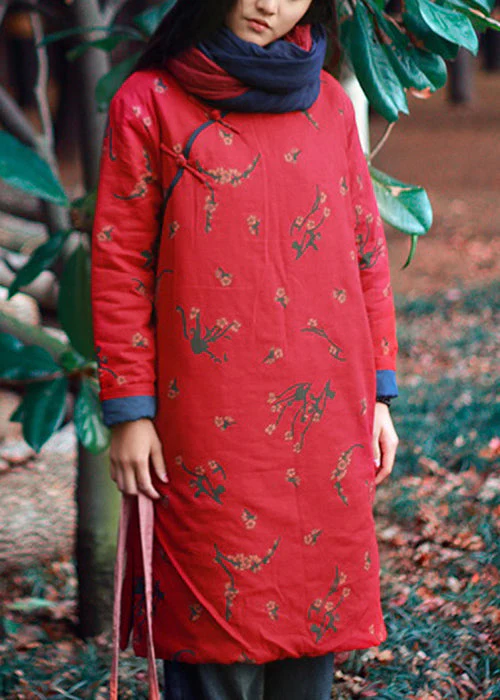 Chic Red Print Button Pockets Cotton Filled Mid Dress Winter - Image 4