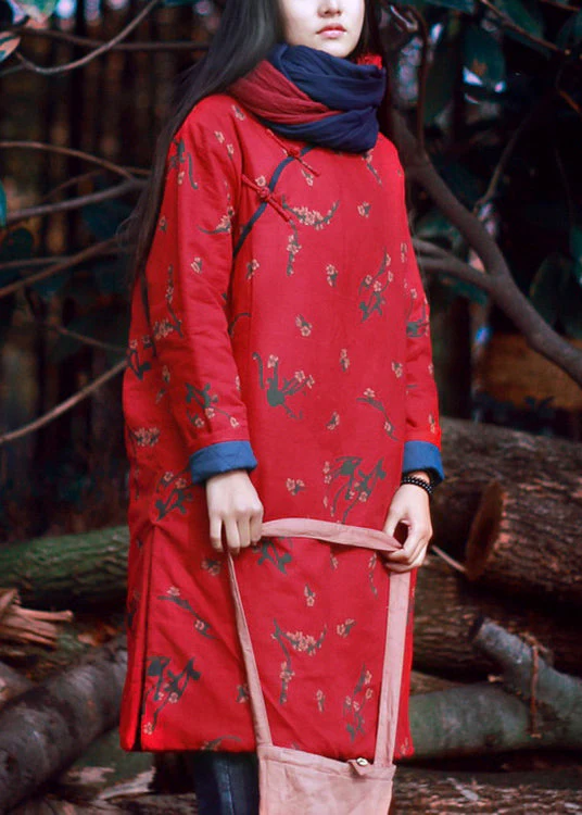 Chic Red Print Button Pockets Cotton Filled Mid Dress Winter - Image 5