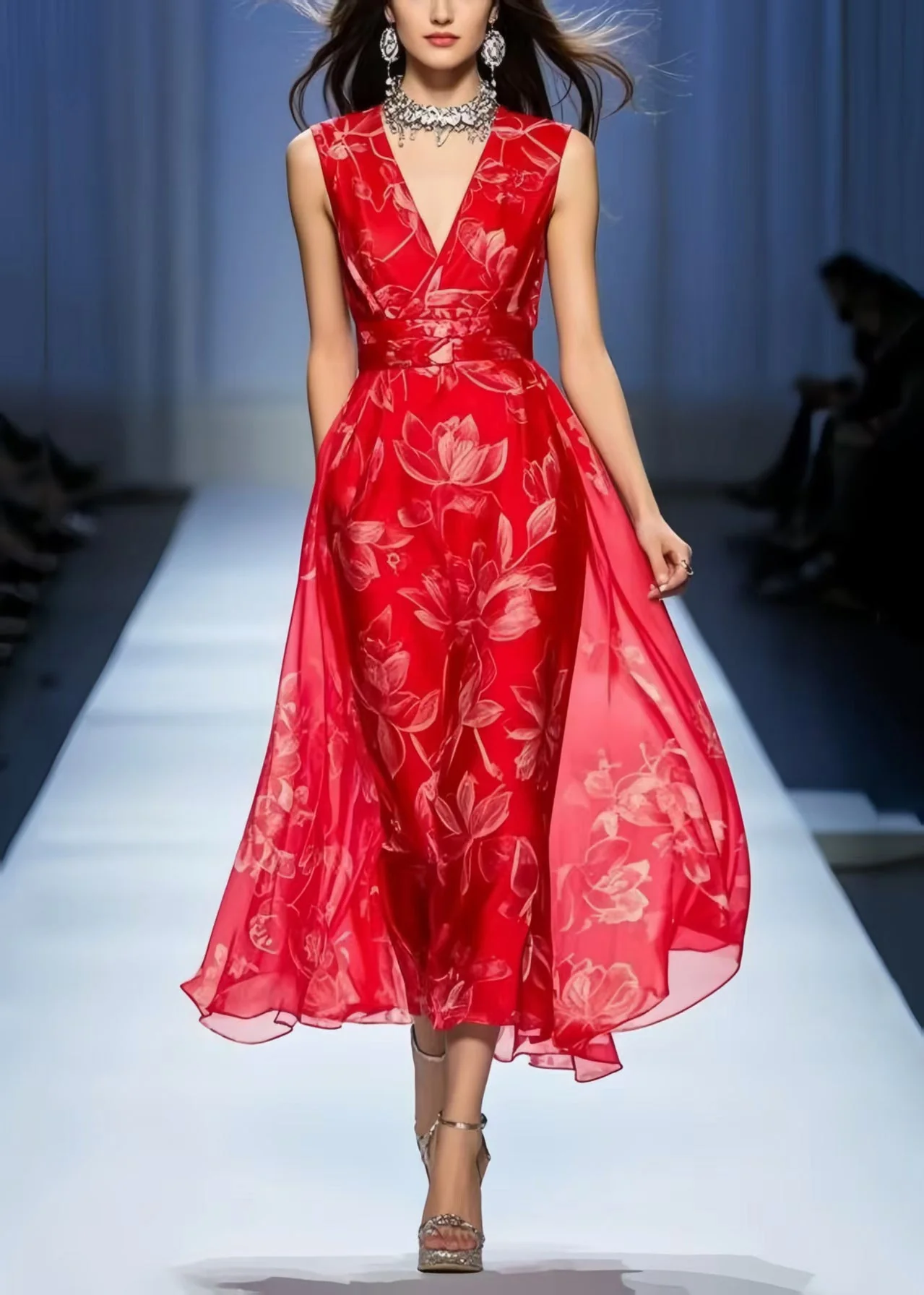 Chic Red Print Draping Chiffon Vacation Dresses Sleeveless - Image 3