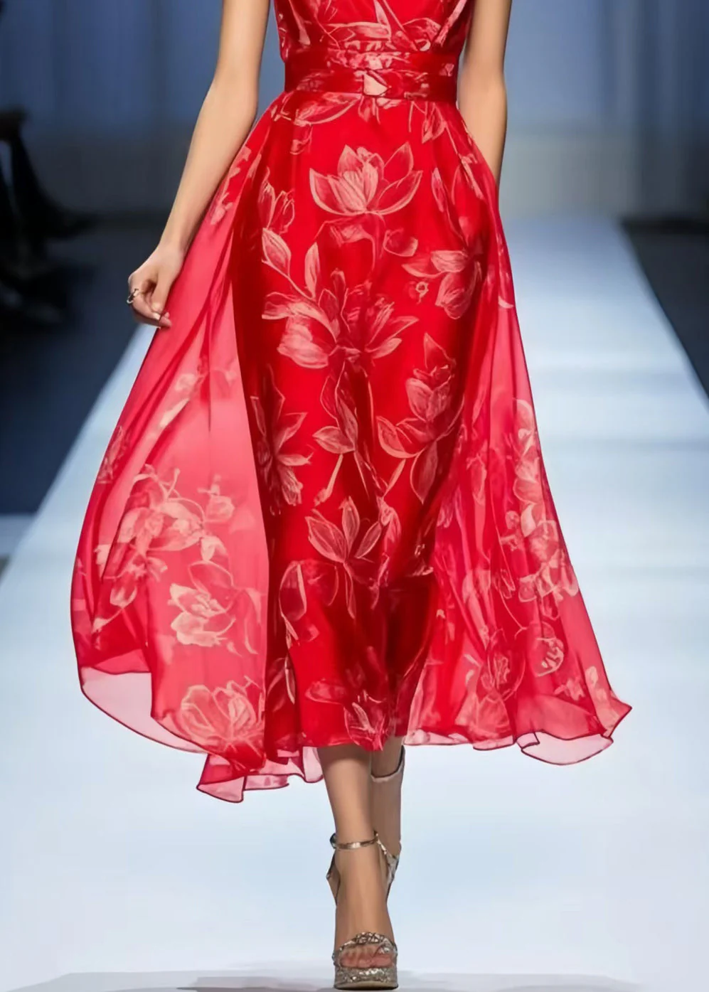 Chic Red Print Draping Chiffon Vacation Dresses Sleeveless - Image 4