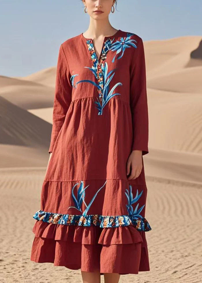 Chic Red Print Patchwork Ruffles Cotton Dresses Spring - Image 5