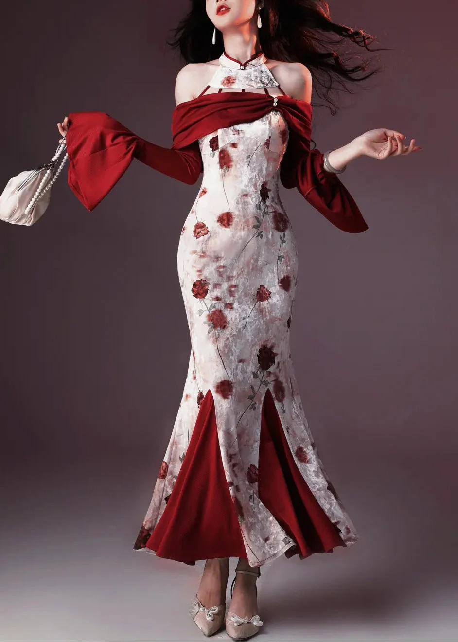 Chic Red Print Patchwork Silk Velvet Fishtail Dresses Flare Sleeve - Image 2